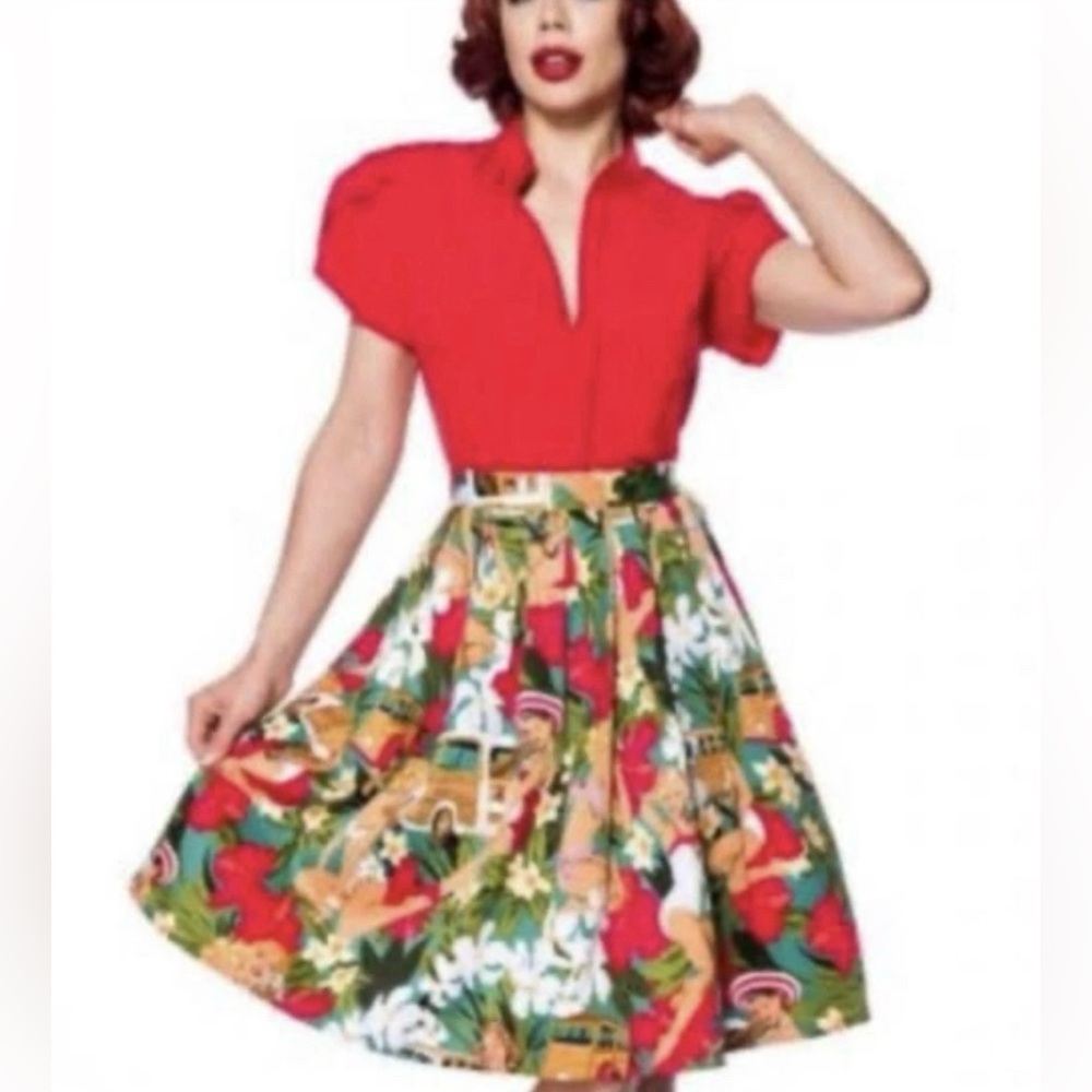 Grace Karin Vintage Tropical Rockabilly Swing Skirt Pleated Midi Pockets